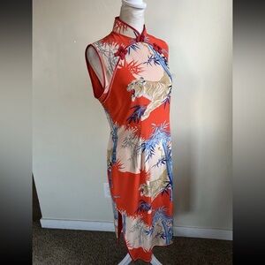 Avanti 100% Silk Hawaiian Dress M Asian Kimono Midi Tiger Print Red Y2K Style